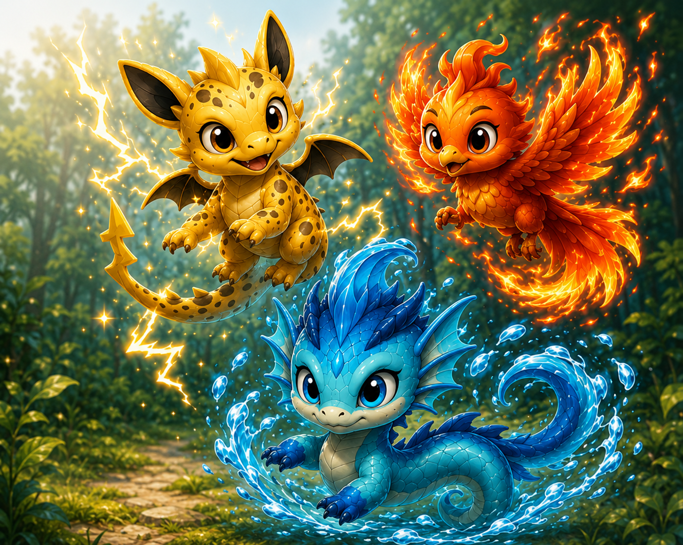Three elemental companions in a magical forest