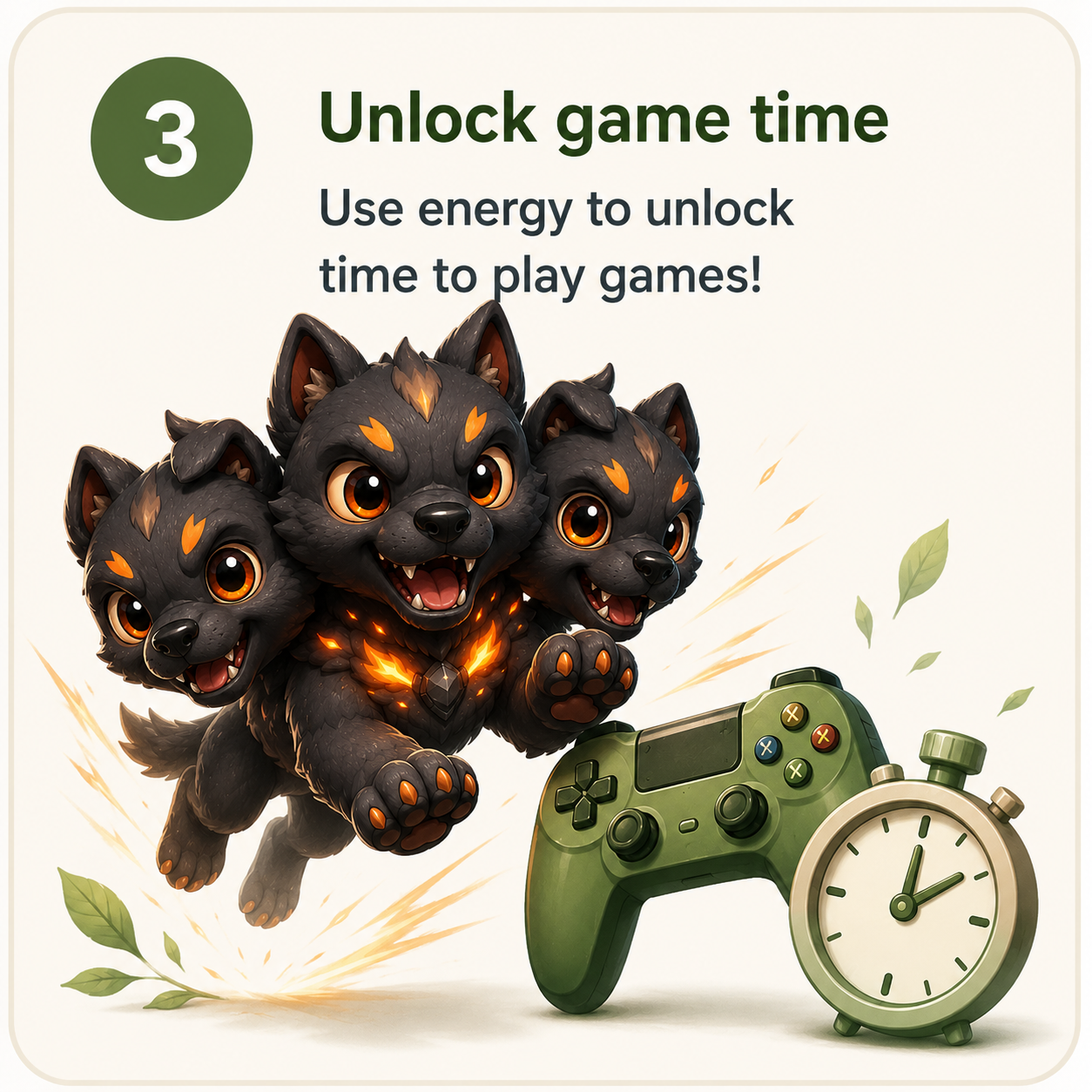 Step 3: Unlock game time. Use energy to unlock time to play games.